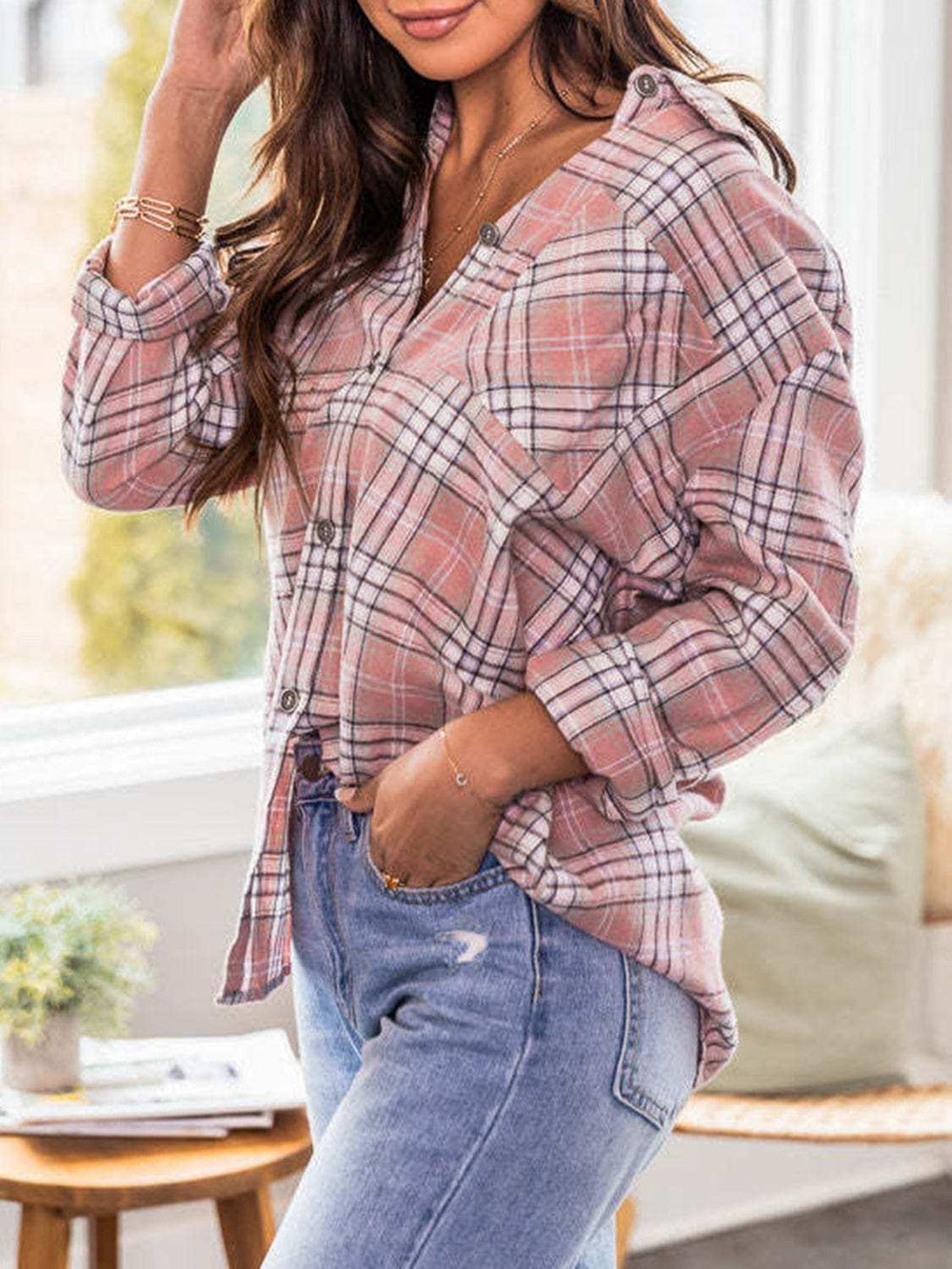 Plaid Collared Neck Long Sleeve Shirt - Trendsi - Flyclothing LLC