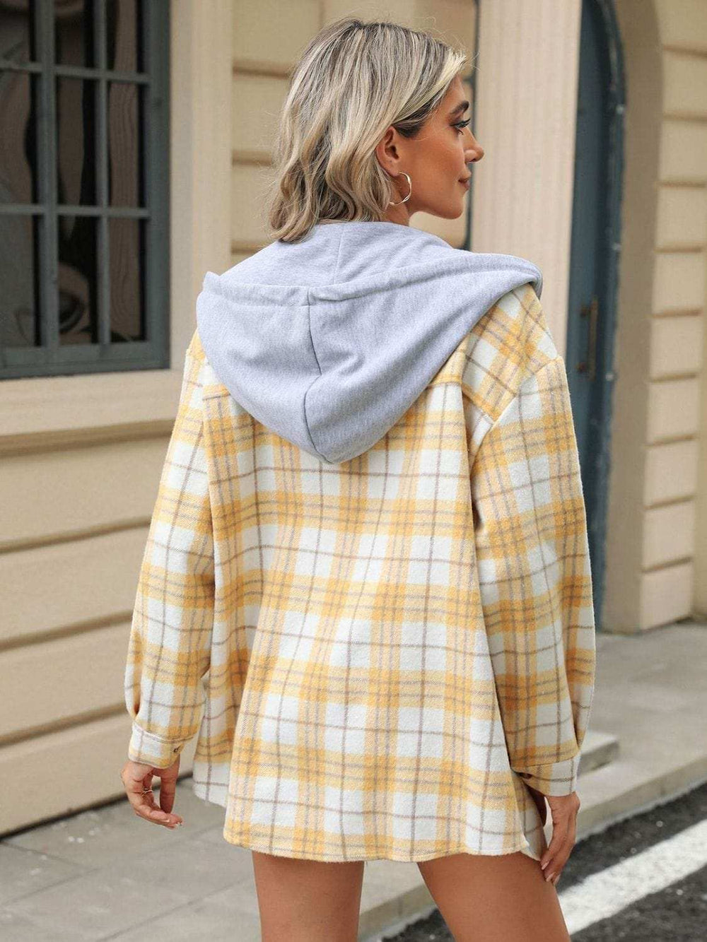 Drawstring Plaid Button Up Hooded Jacket - Trendsi - Flyclothing LLC