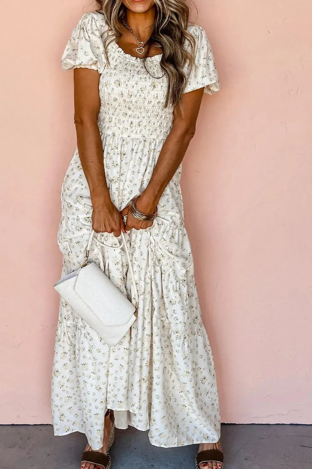 Floral Smocked Short Puff Sleeve Maxi Dress - Trendsi - Flyclothing LLC