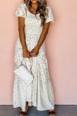 Floral Smocked Short Puff Sleeve Maxi Dress - Trendsi - Flyclothing LLC