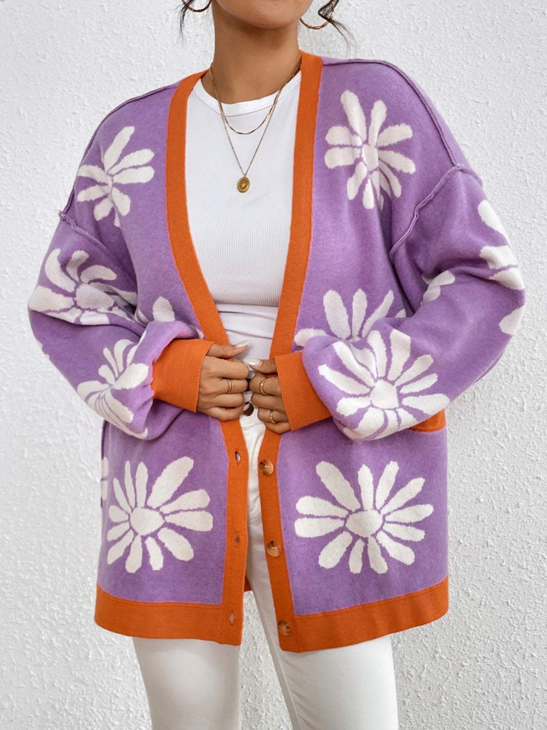 Contrast Dropped Shoulder Long Sleeve Cardigan - Trendsi - Flyclothing LLC