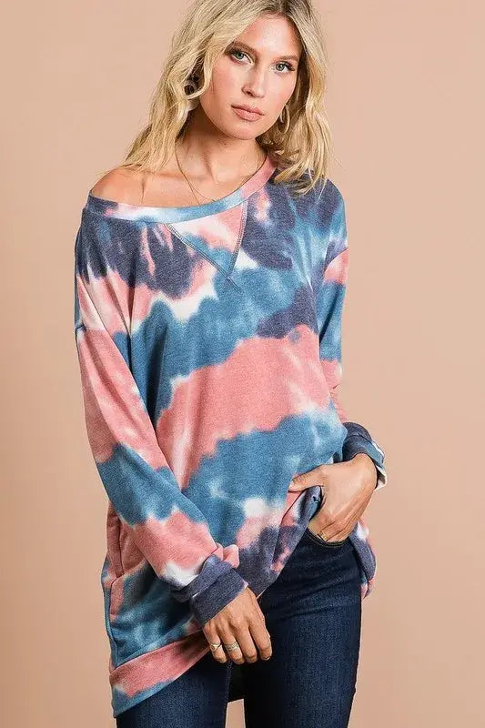 BiBi Tie Dye French Terry Pull Over with Front Stitching Detail - Trendsi - Flyclothing LLC