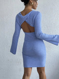Backless Round Neck Long Sleeve Sweater Dress - Trendsi