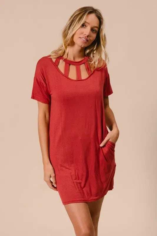 BiBi Front Cutout Mini Tee Dress with Pockets - Trendsi - Flyclothing LLC