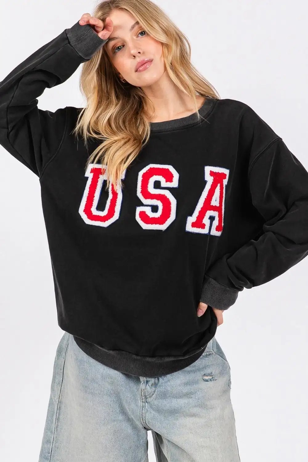 SAGE + FIG USA Letter Patch Round Neck Sweatshirt - Trendsi