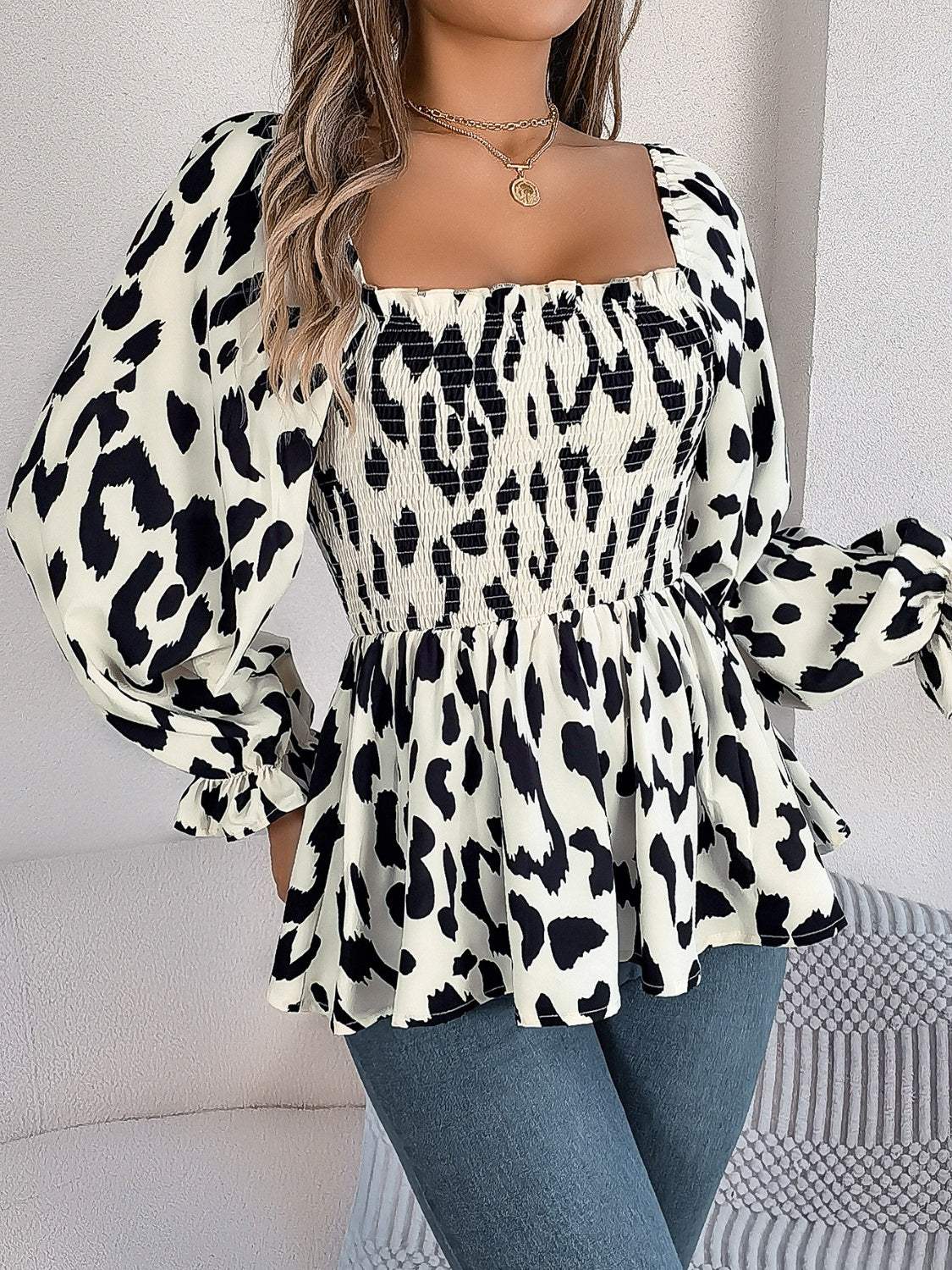 Square Neck Flounce Sleeve Blouse - Trendsi - Flyclothing LLC