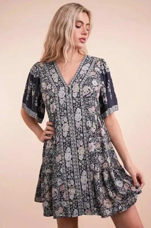 VERY J Shirring Detail Printed Woven Mini Dress - Trendsi - Flyclothing LLC