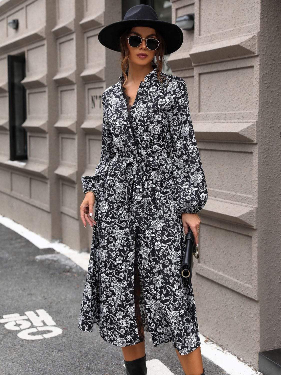 Lace Detail Printed Long Sleeve Midi Dress - Trendsi - Flyclothing LLC