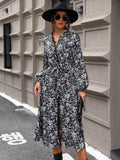 Lace Detail Printed Long Sleeve Midi Dress - Trendsi