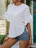 Slit Polka Dot Round Neck Half Sleeve Blouse - Trendsi - Flyclothing LLC