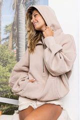 BiBi Stitch Detailed Elastic Hem Half Zip Fleece Hoodie - Trendsi - Flyclothing LLC