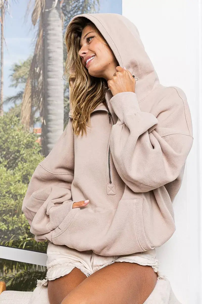 BiBi Stitch Detailed Elastic Hem Half Zip Fleece Hoodie - Trendsi - Flyclothing LLC