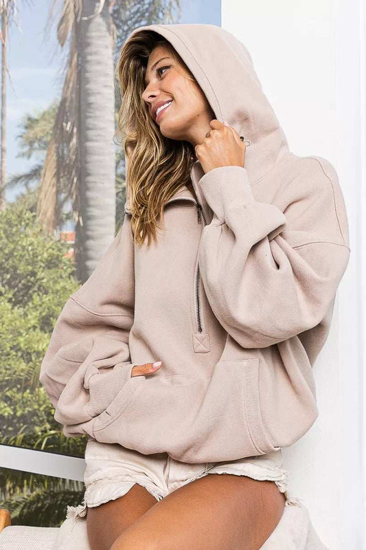 BiBi Stitch Detailed Elastic Hem Half Zip Fleece Hoodie - Trendsi - Flyclothing LLC