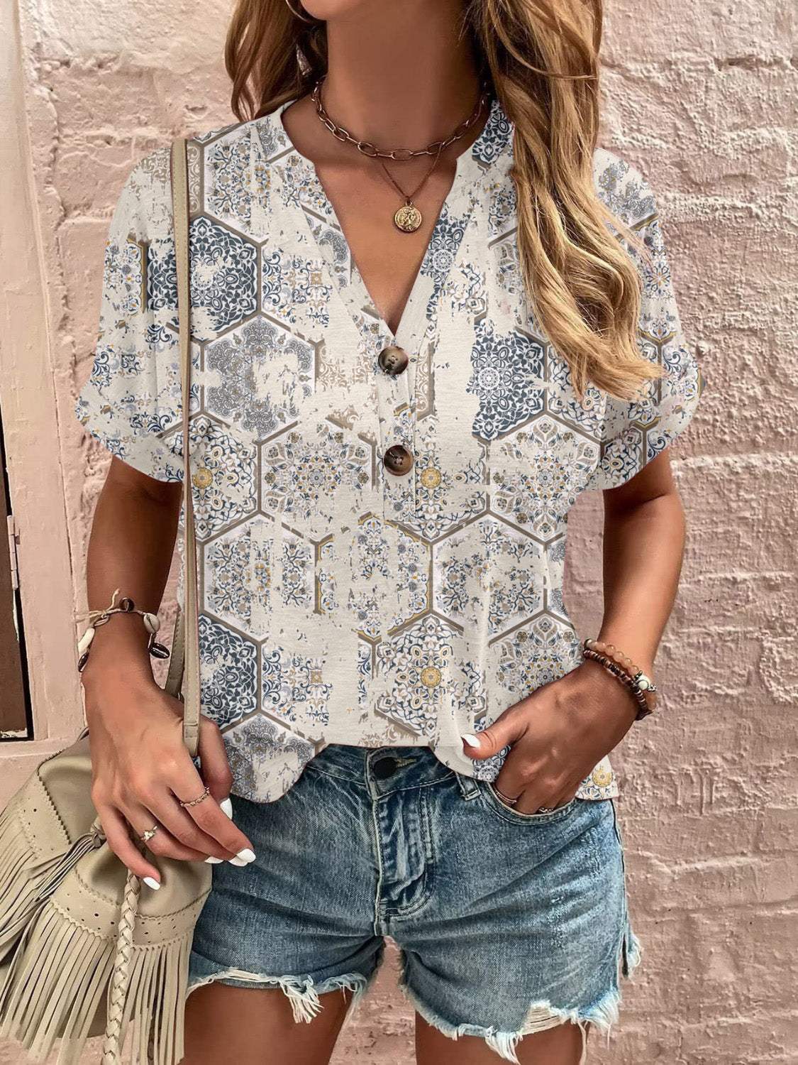 Full Size Printed Notched Short Sleeve Blouse - Trendsi - Flyclothing LLC
