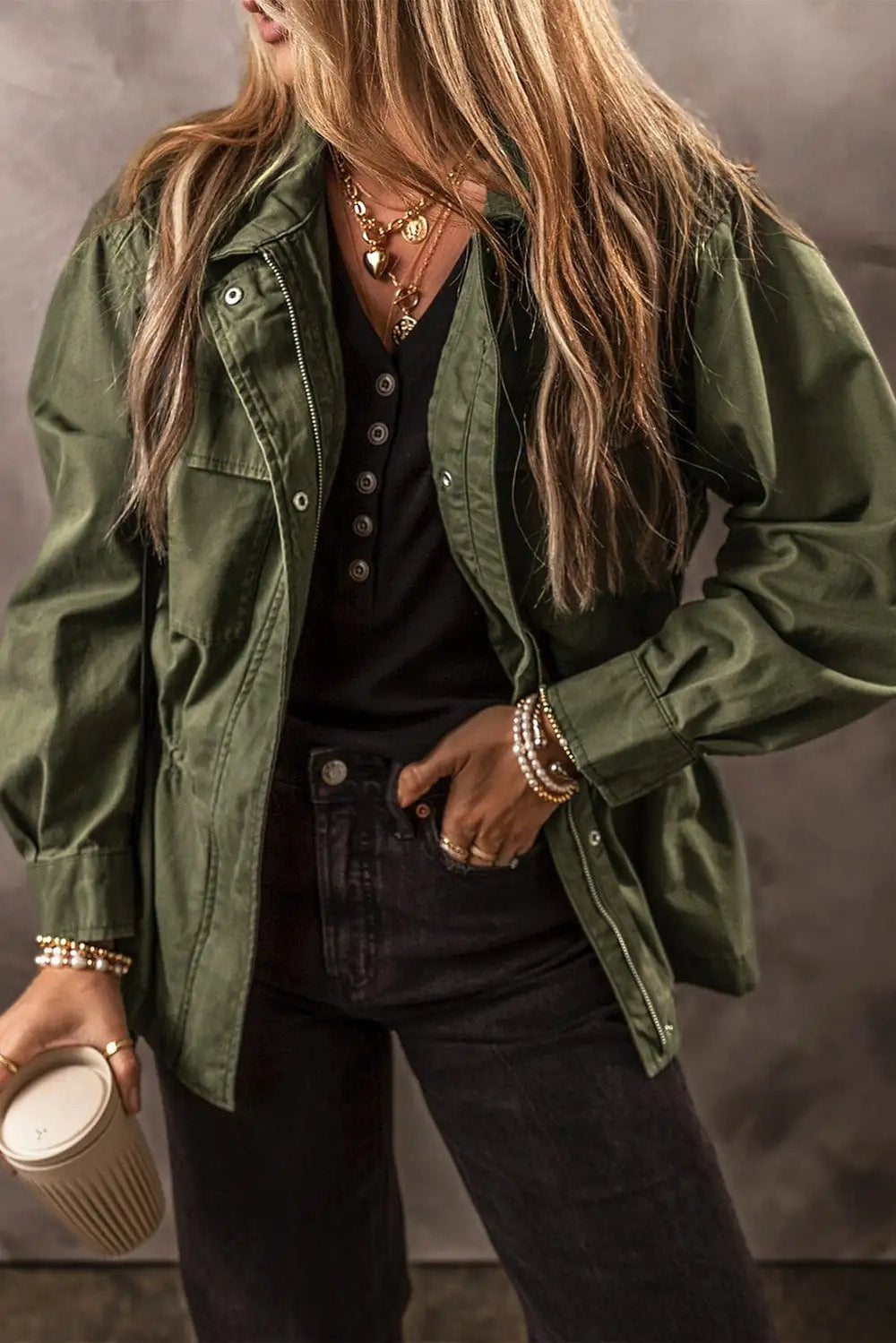 Zip Up Long Sleeve Jacket - Trendsi