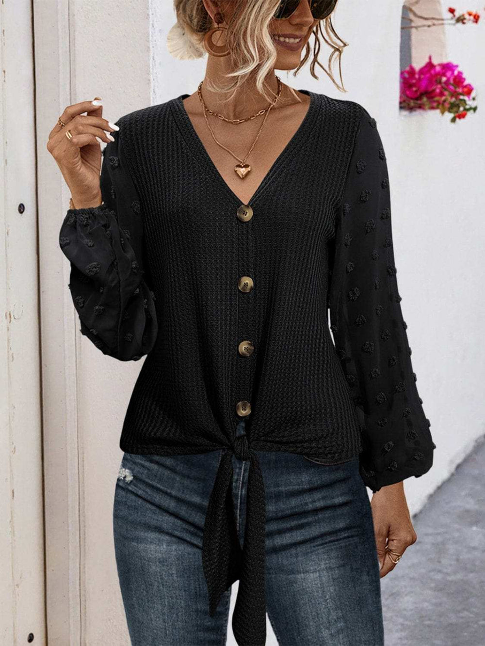 Tied Swiss Dot V-Neck Long Sleeve Blouse - Trendsi - Flyclothing LLC