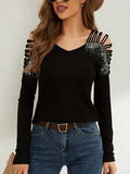Rhinestone Cutout Long Sleeve T-Shirt - Trendsi