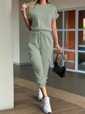 Round Neck Short Sleeve Top and Pants Set - Trendsi - Flyclothing LLC