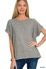Zenana Soft Melange Hacci Short Sleeve Round Neck Top - Trendsi - Flyclothing LLC