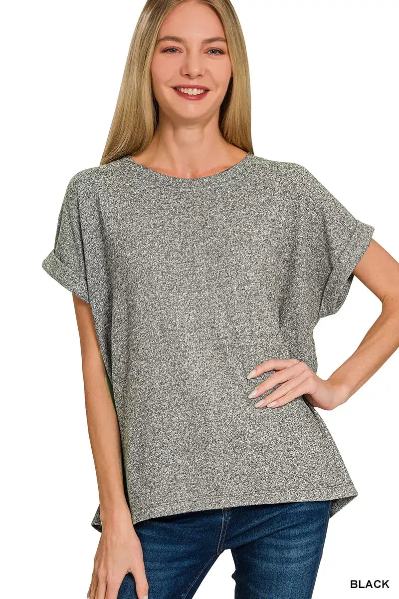 Zenana Soft Melange Hacci Short Sleeve Round Neck Top - Trendsi - Flyclothing LLC