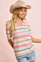 BiBi Multi Colors Stripes Collared Knit Top - Trendsi - Flyclothing LLC