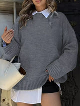 Ribbed Round Neck Dropped Shoulder Sweater - Trendsi - Flyclothing LLC