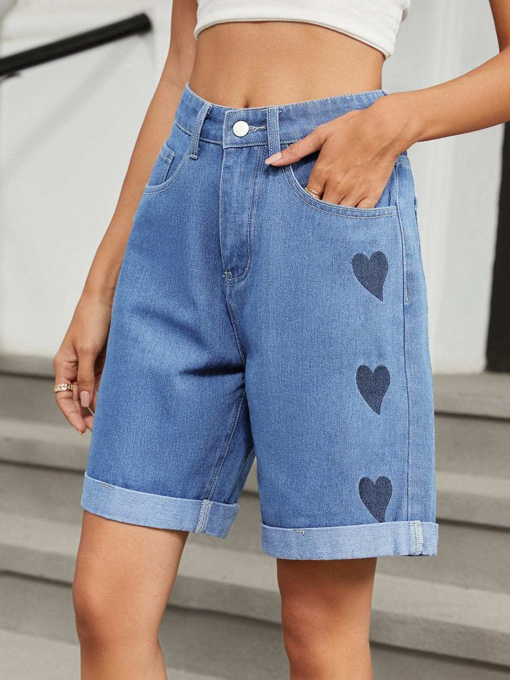 Heart-Pattern Rolled Hem Denim Shorts - Trendsi - Flyclothing LLC