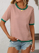 Mandy Striped Round Neck Half Sleeve Knit Top - Trendsi - Flyclothing LLC