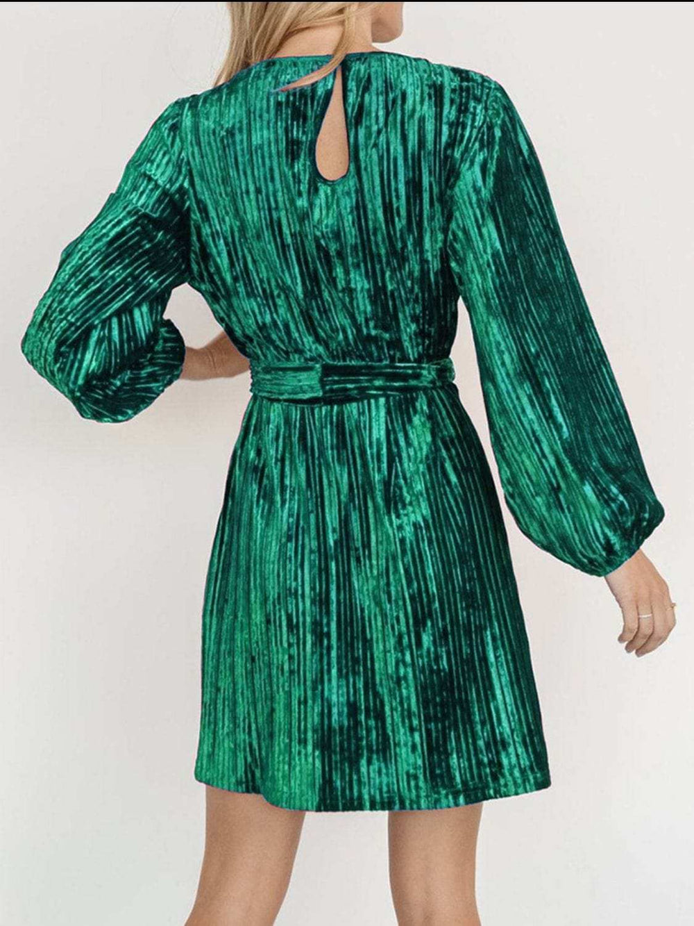 Velvet Round Neck Tie Waist Long Sleeve Mini Dress - Trendsi - Flyclothing LLC