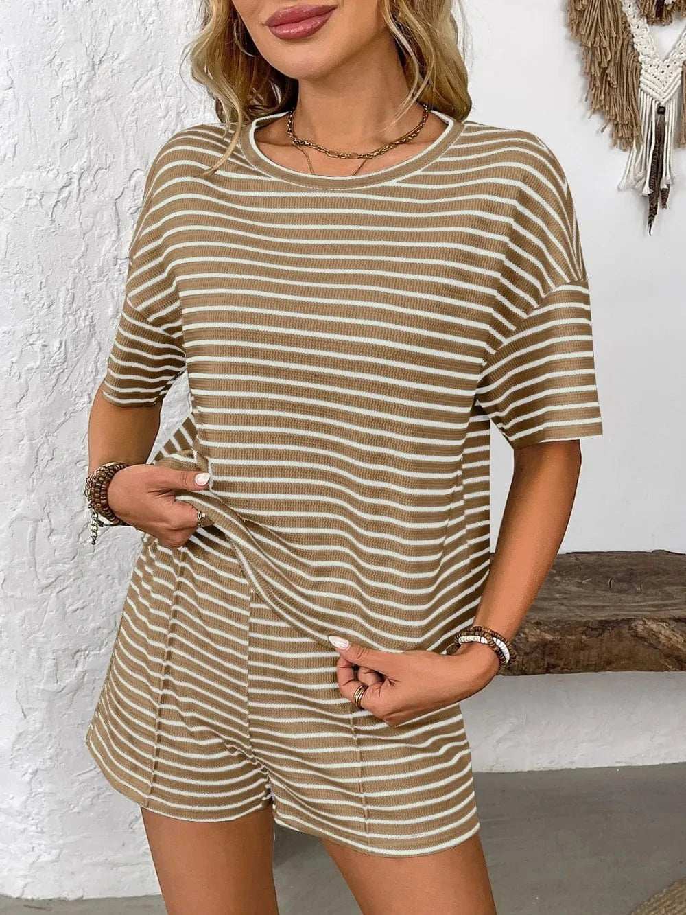 Striped Round Neck Short Sleeve Top and Shorts Set - Trendsi - Flyclothing LLC