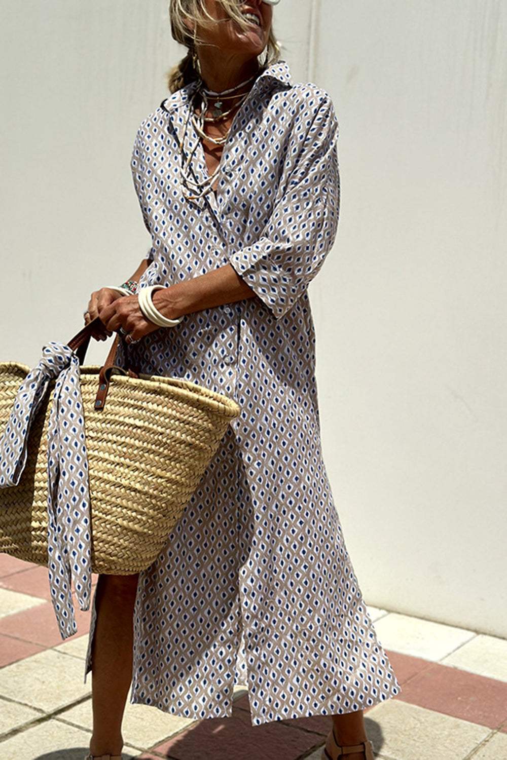 Tied Button Up Three-Quarter Sleeve Dress - Trendsi - Flyclothing LLC