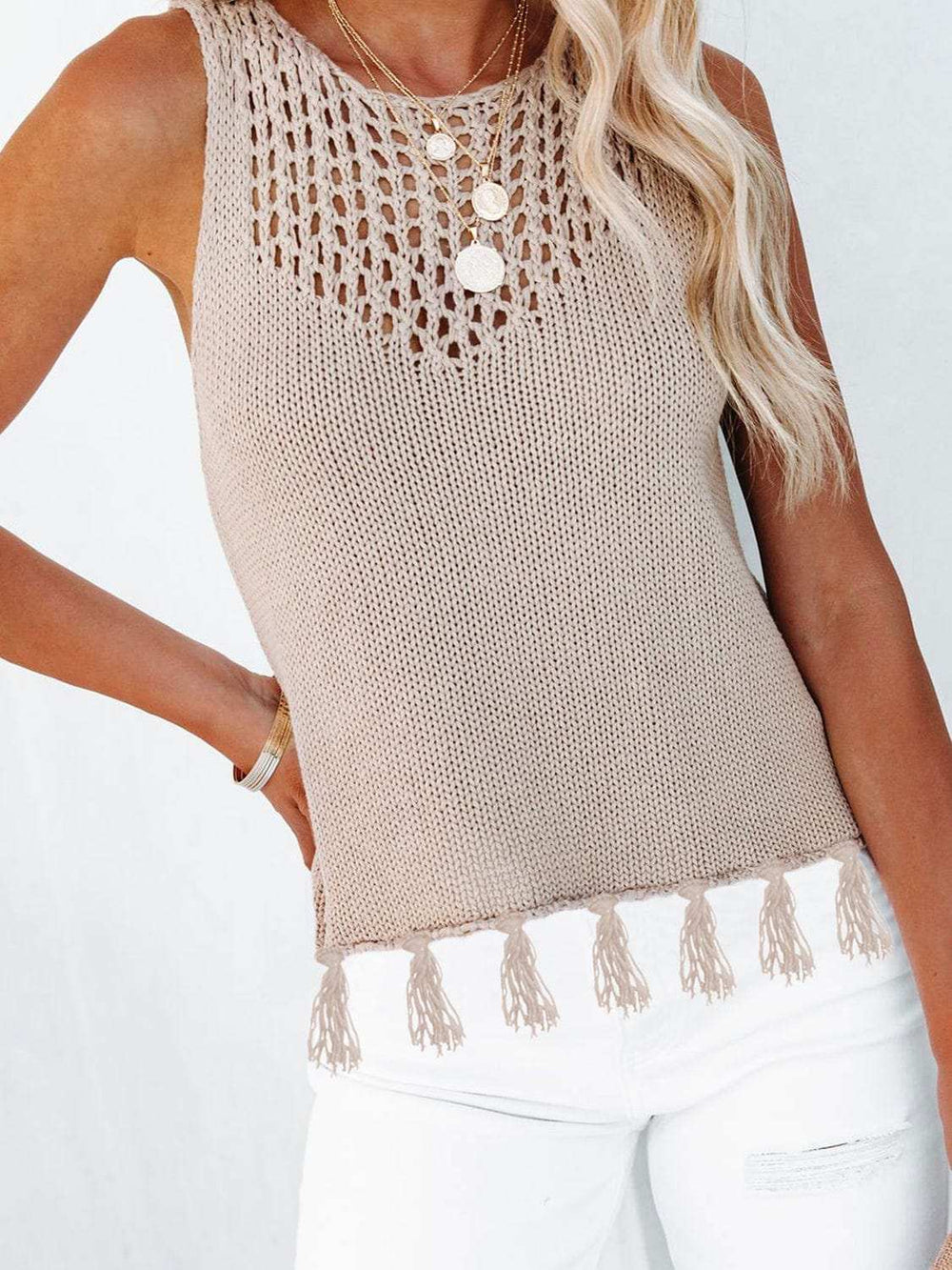 Cutout Tassel Round Neck Tank - Trendsi - Flyclothing LLC