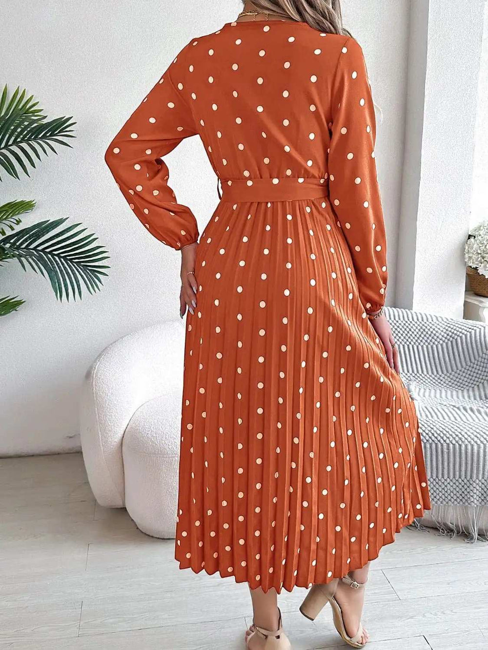 Tied Polka Dot Long Sleeve Midi Dress - Trendsi - Flyclothing LLC