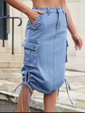 Drawstring Denim Skirt with Cargo Pockets - Trendsi