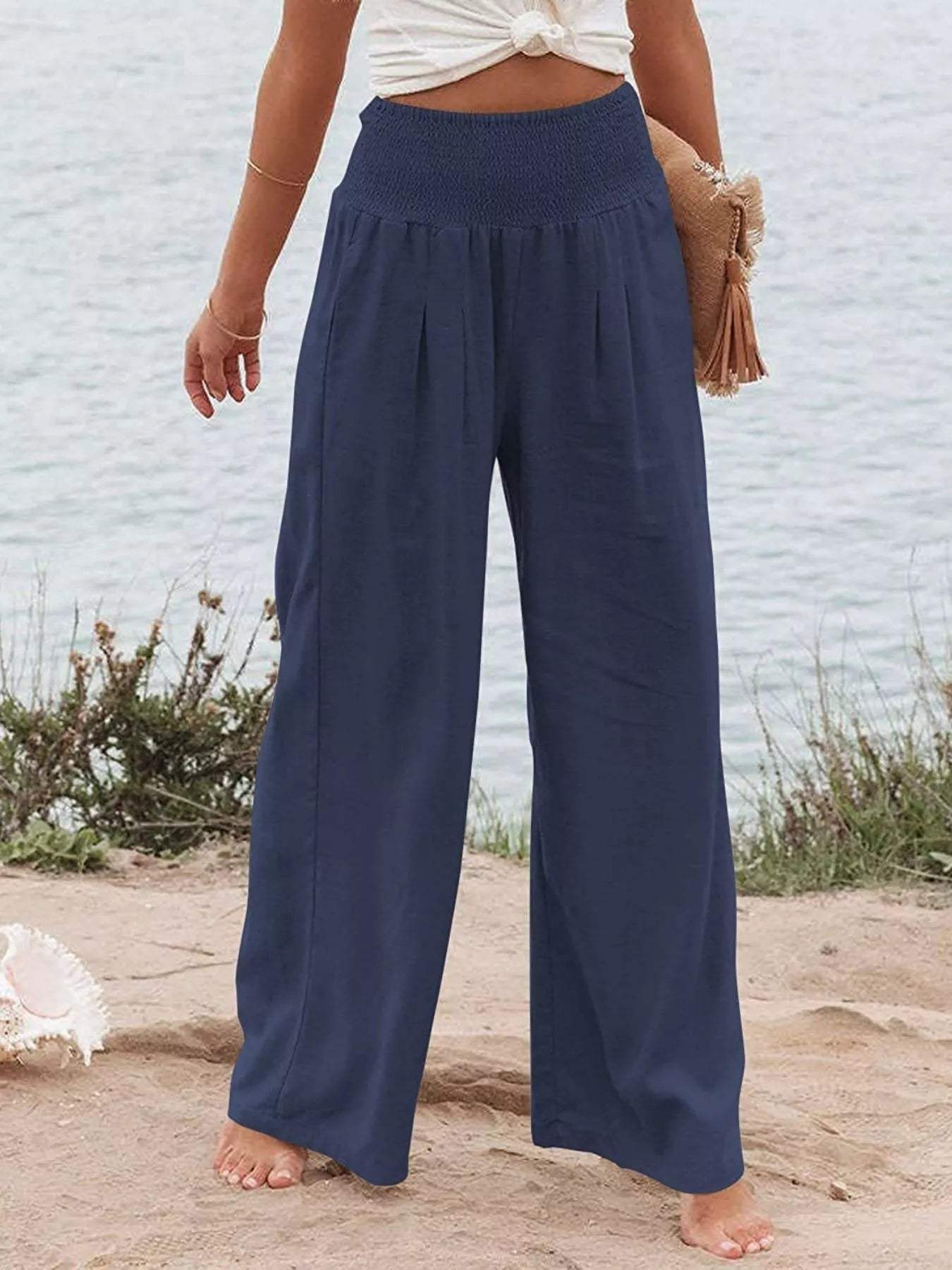Smocked High Waisted Wide Leg Pants - Trendsi - Flyclothing LLC