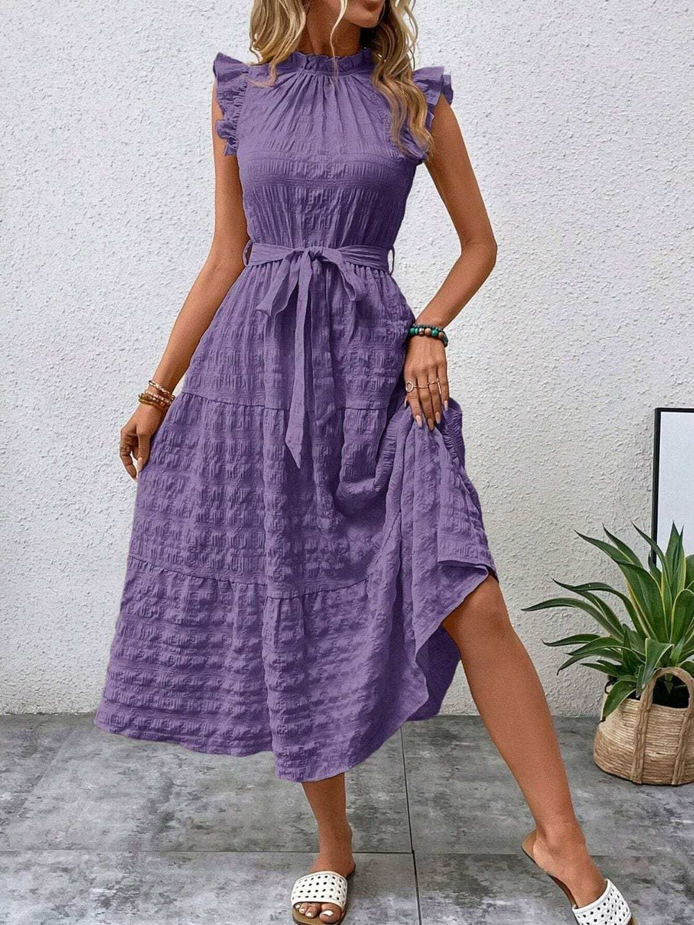Tied Ruffled Cap Sleeve Midi Dress - Trendsi - Flyclothing LLC