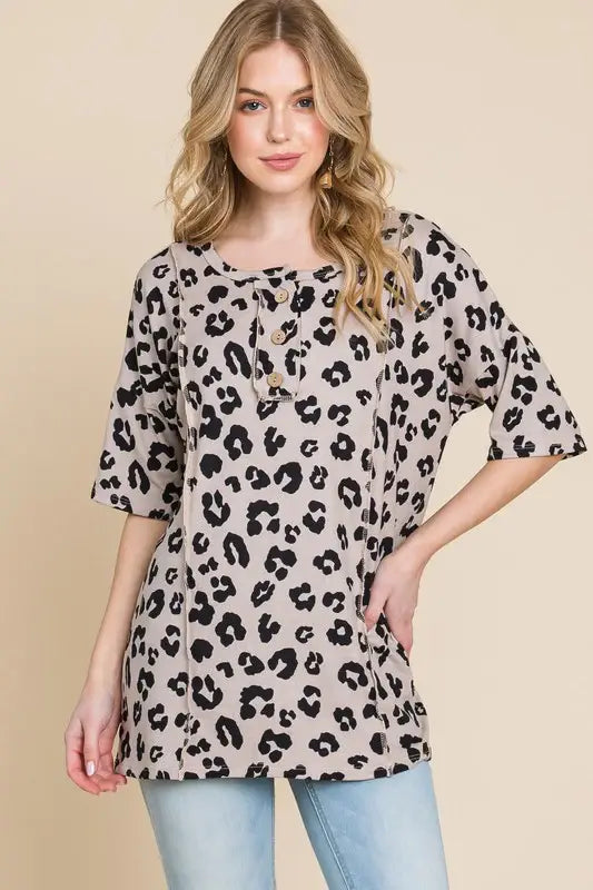 BOMBOM Button Detail Exposed Seam Leopard Half Sleeve Top - Trendsi - Flyclothing LLC