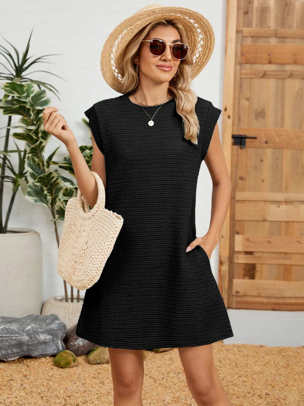 Round Neck Cap Sleeve Mini Dress - Trendsi - Flyclothing LLC