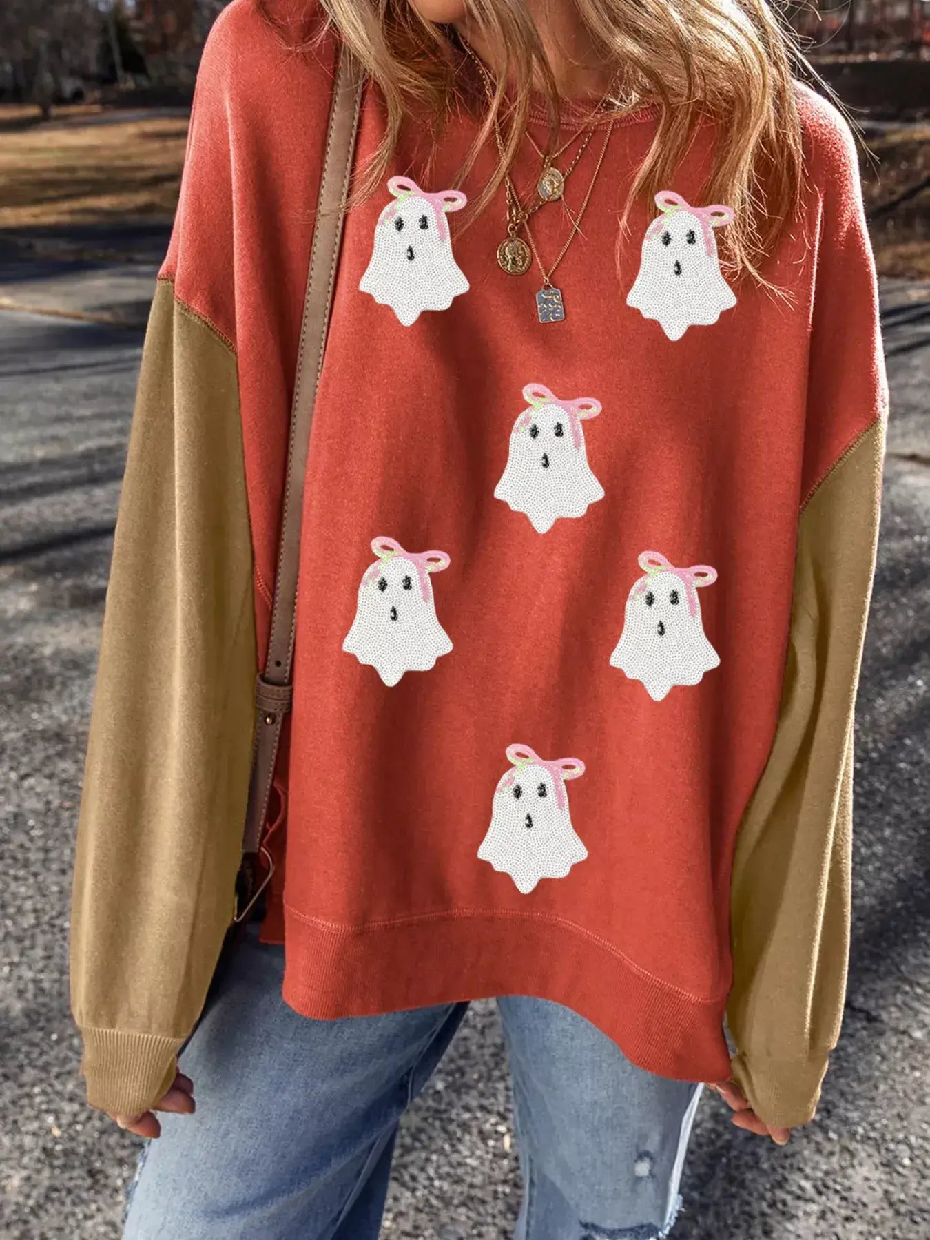Halloween Glitter Ghost Patched Pattern Color Block Sweatshirt - Trendsi - Flyclothing LLC
