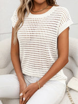 Openwork Round Neck Short Sleeve Knit Cover Up - Trendsi - Flyclothing LLC