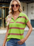 Striped Johnny Collar Cap Sleeve Sweater - Trendsi - Flyclothing LLC