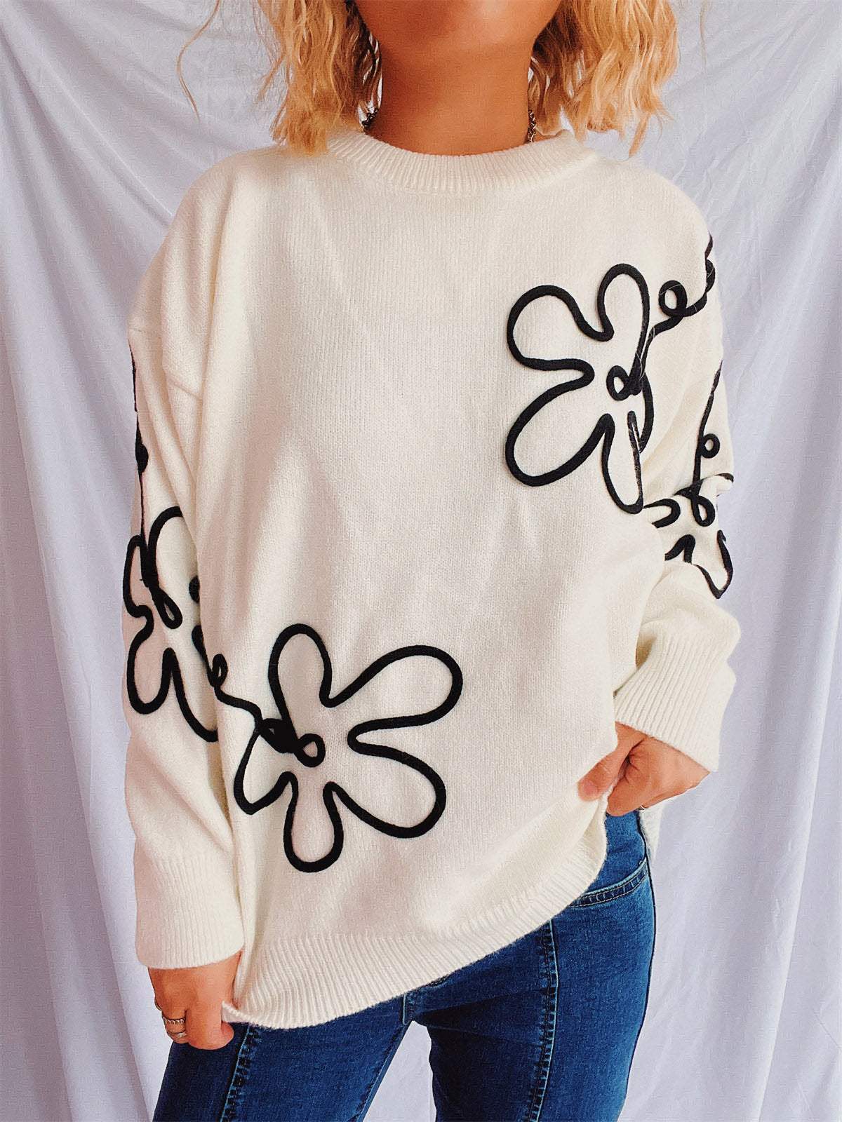 Flower Round Neck Long Sleeve Sweater - Trendsi - Flyclothing LLC