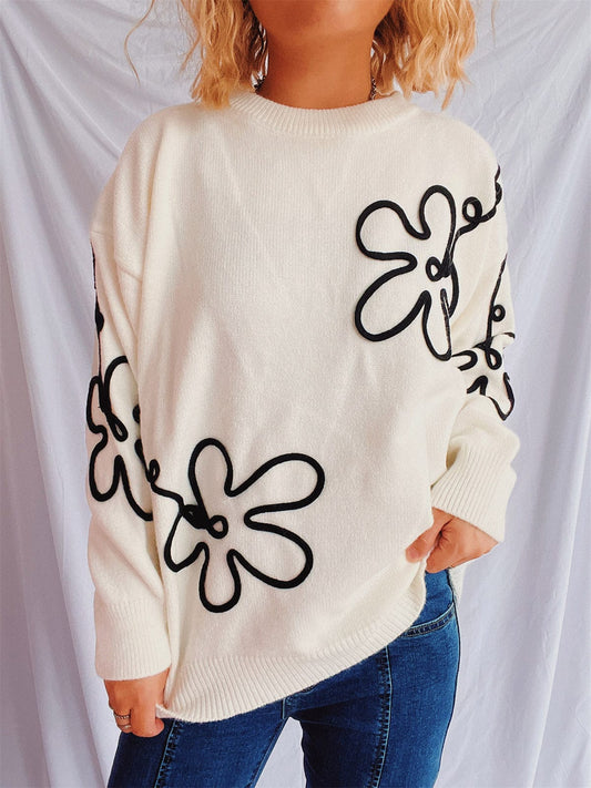 Flower Round Neck Long Sleeve Sweater - Trendsi