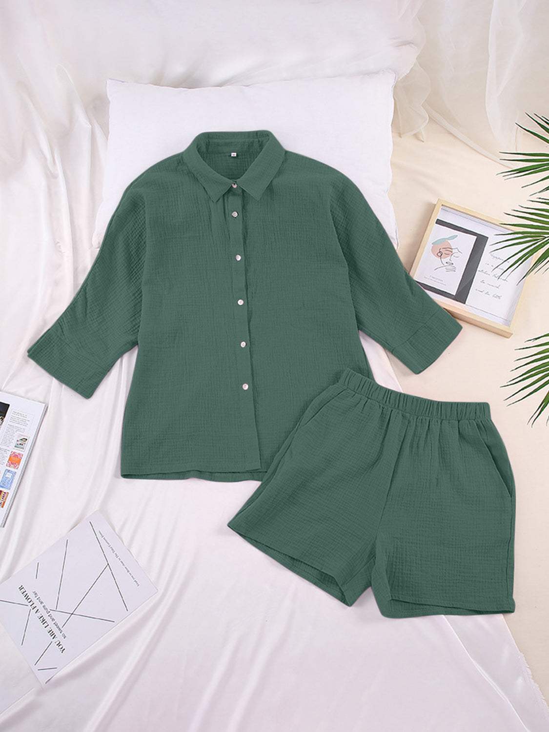 Texture Button Up Shirt and Shorts Set - Trendsi - Flyclothing LLC