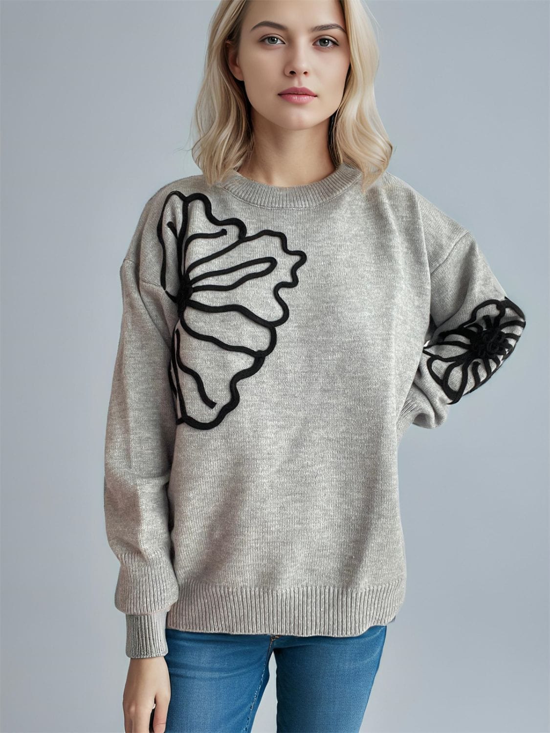 Flower Round Neck Long Sleeve Sweater - Trendsi