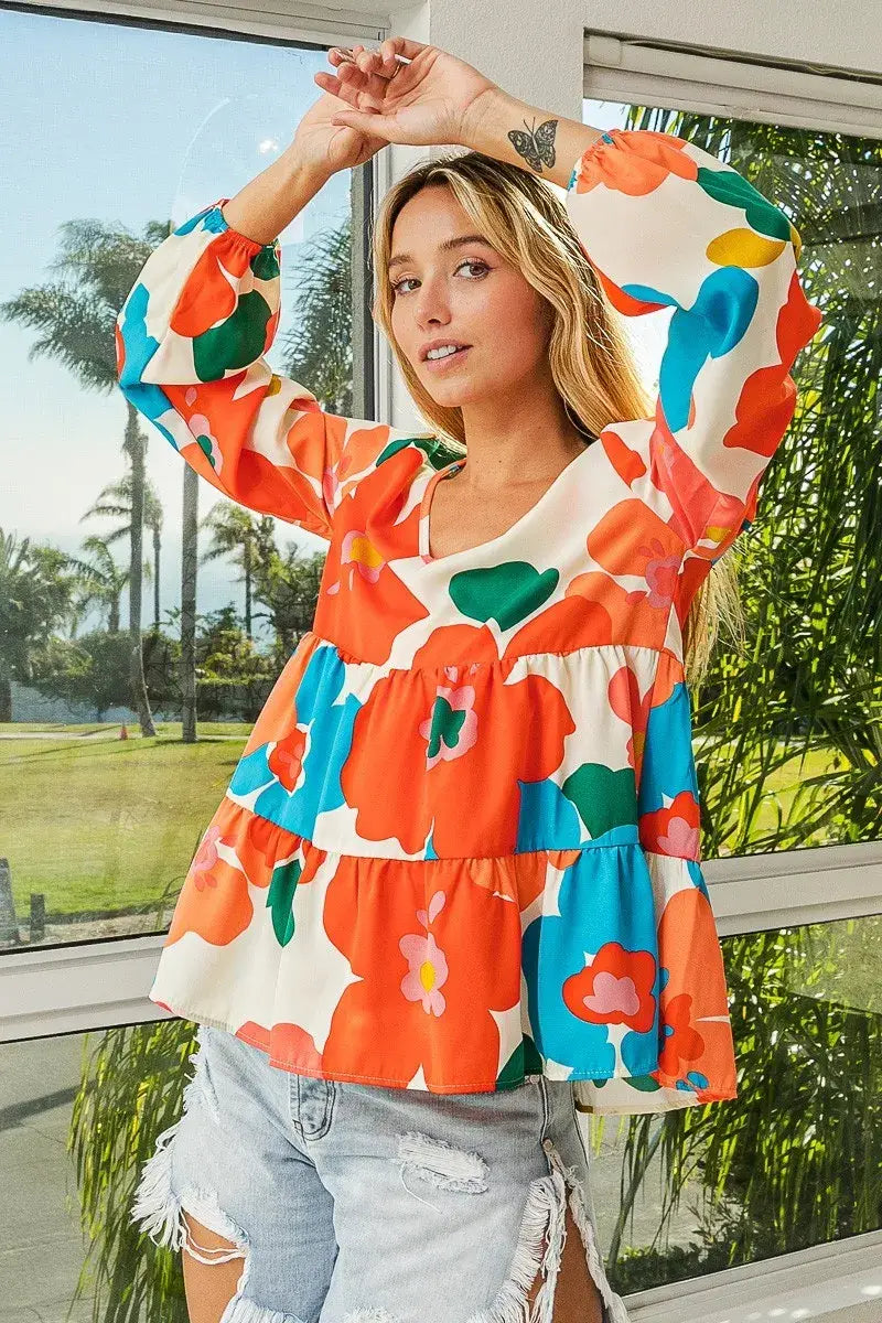 BiBi Floral Woven Tiered V Neck Top - Trendsi - Flyclothing LLC