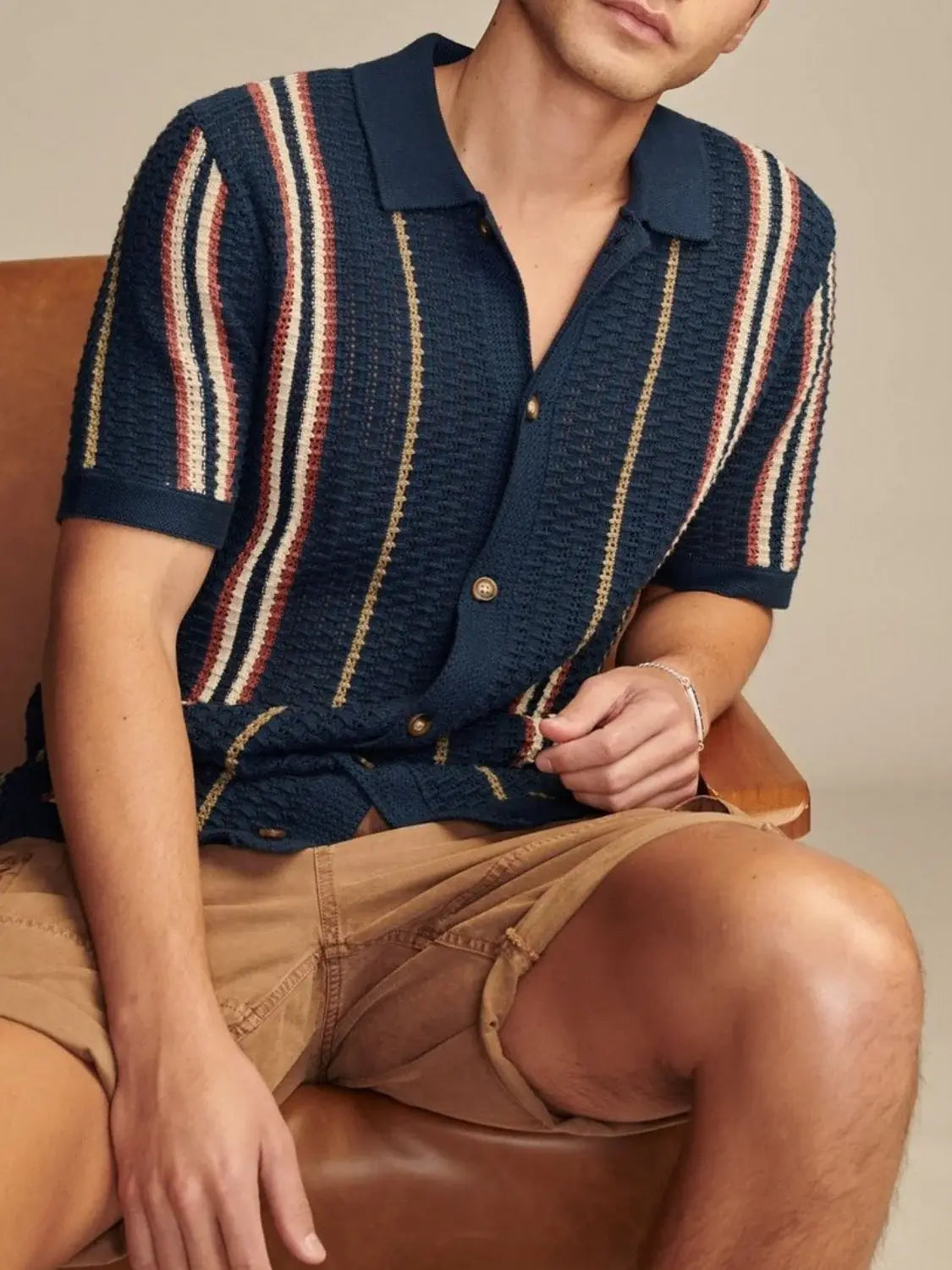 Men's Plus Size Striped Collared Neck Short Sleeve Shirt - Trendsi - Flyclothing LLC