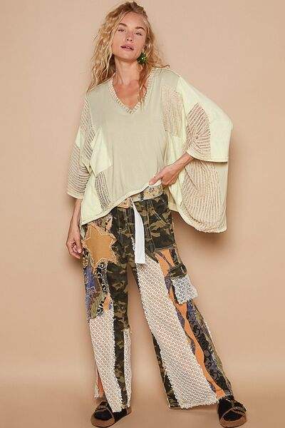 POL High-Low Contrast V-Neck Top - Trendsi - Flyclothing LLC