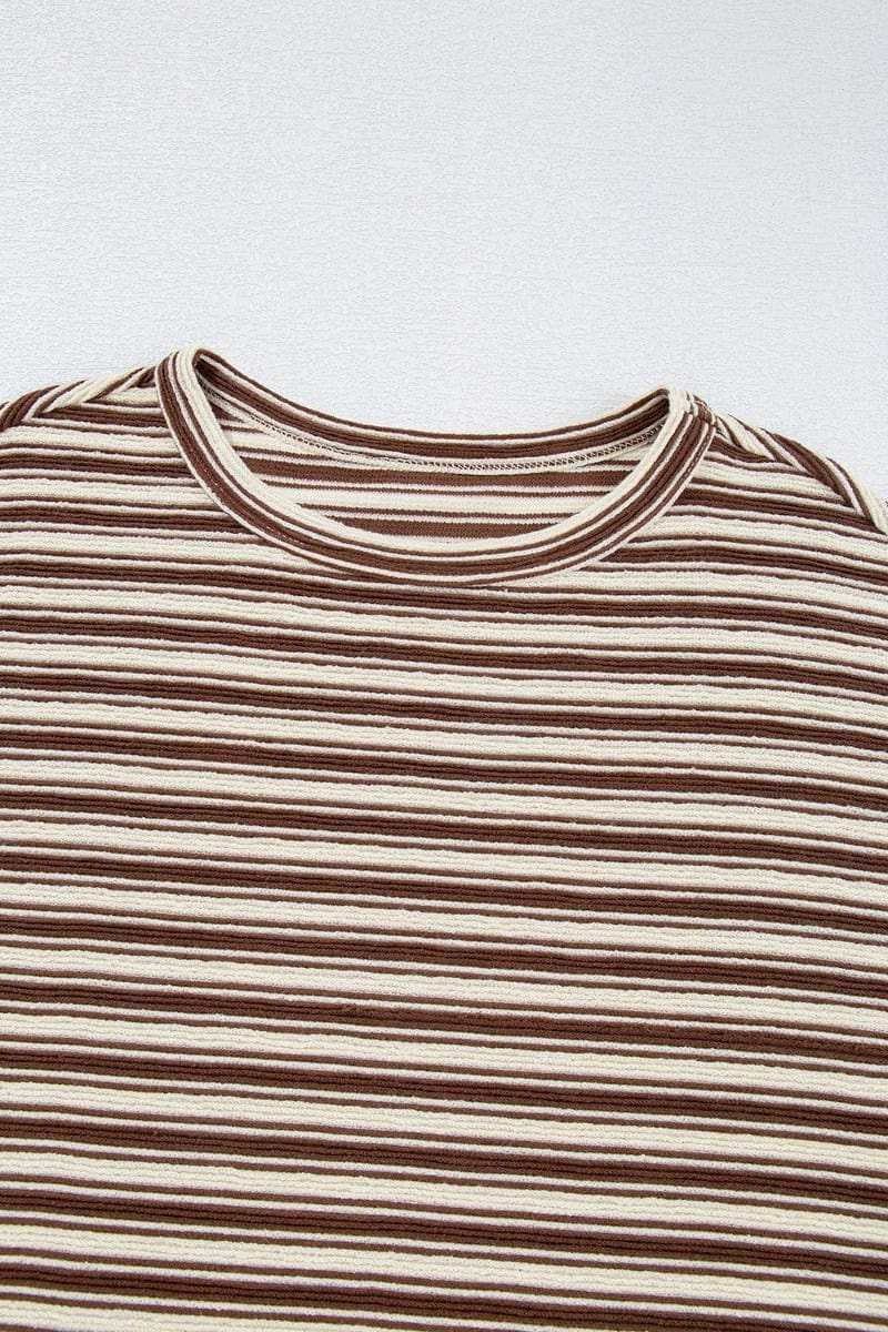 Stripe Textured Side Slit Crew Neck T-Shirt - Trendsi - Flyclothing LLC