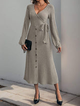 Perfee Ribbed Tied Surplice Long Sleeve Dress - Trendsi - Flyclothing LLC